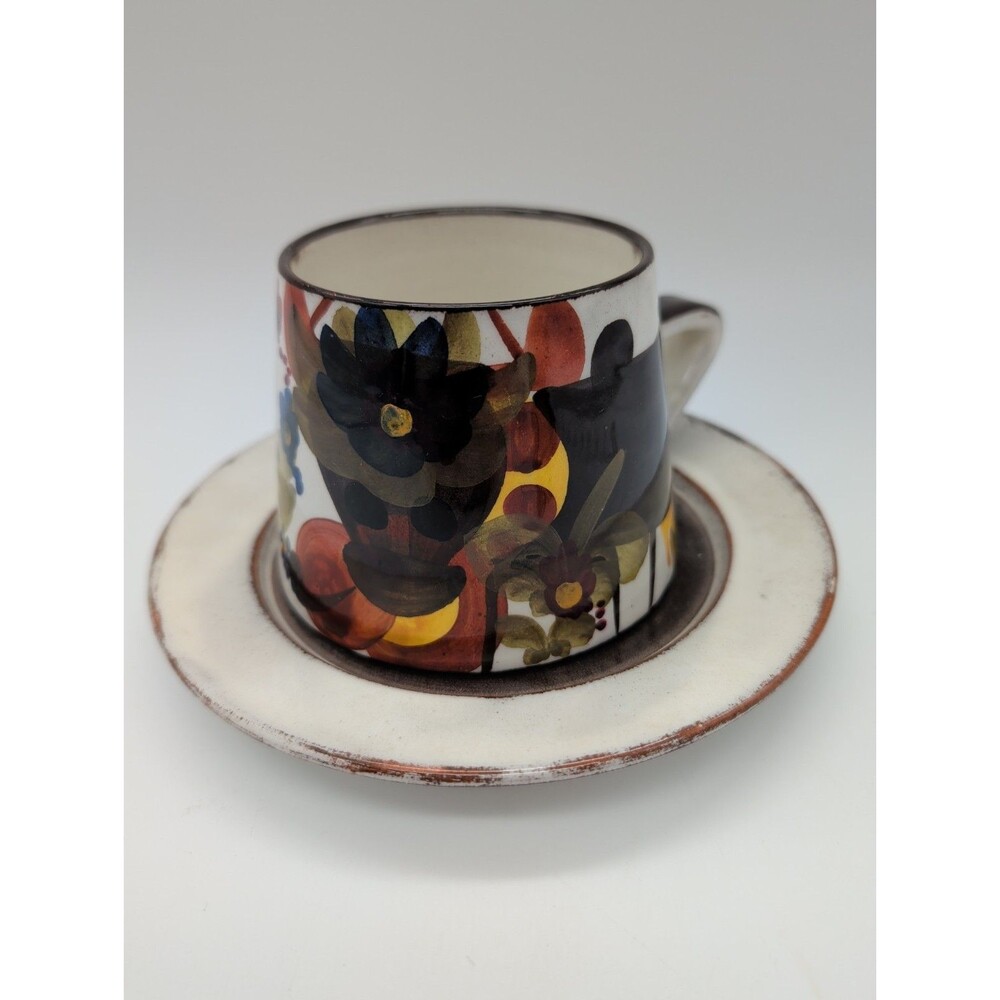 Vtg Arabia Finland Trubador Mug & Saucer MCM Cow Flowers Signed